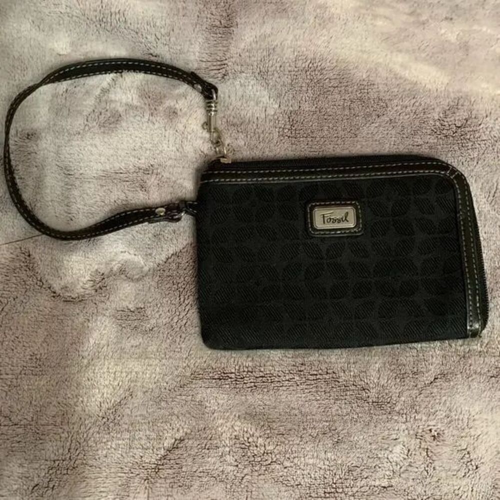 Fossil Wristlet Wallet Black Monogram Zip Around Small Purse Clutch Bag Fabric‎